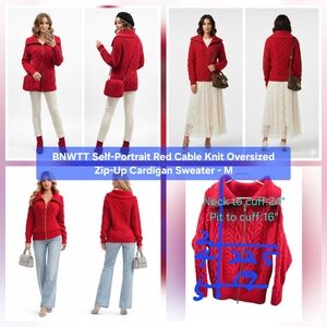 Self-Portrait Red Cable Knit Oversized Zip-Up Cardigan Sweater M